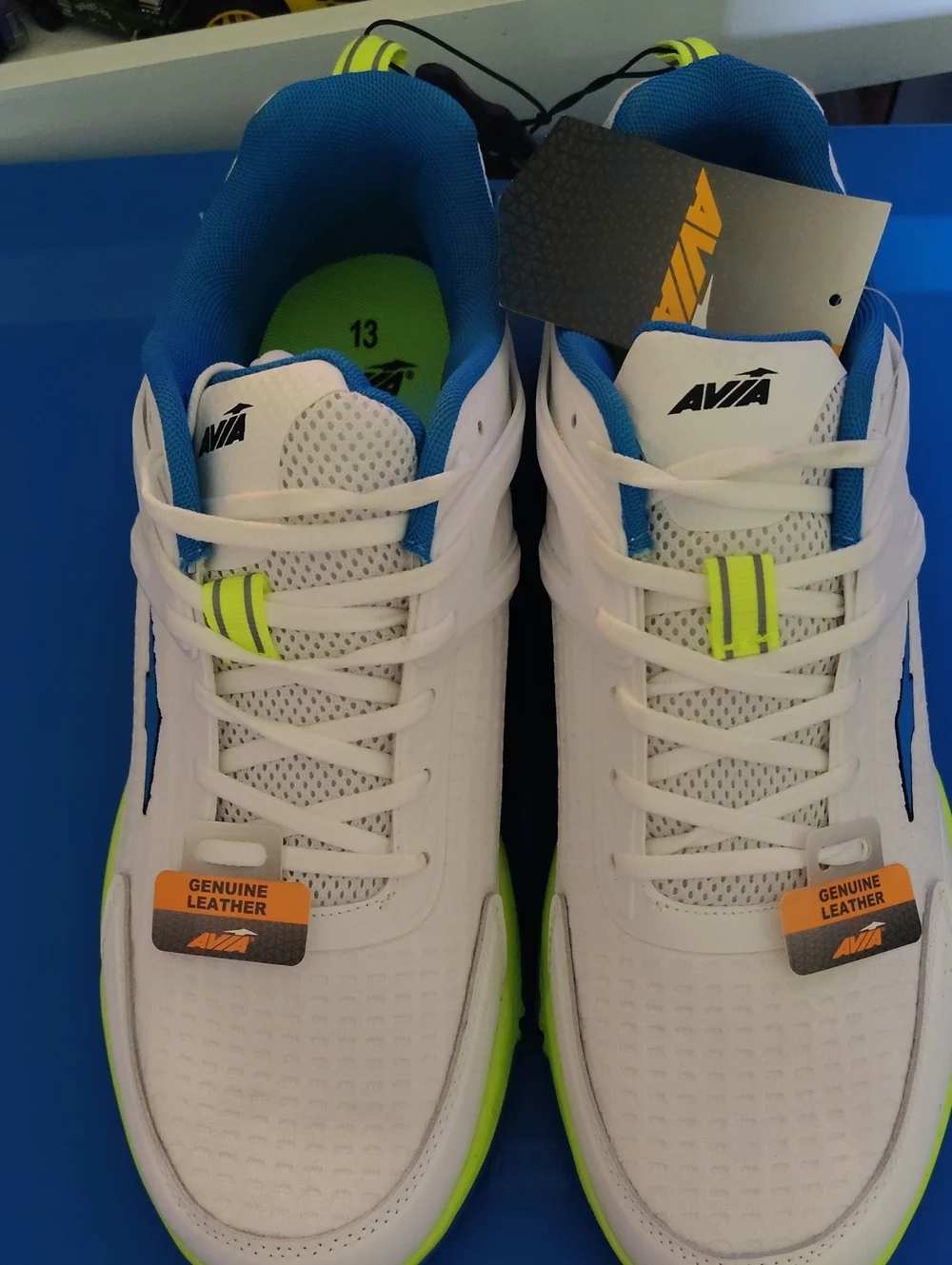 Avia White Sneakers with Blue Lining and Neon Lime Details